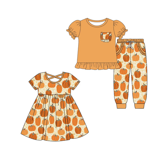 4.30 custom each style moq 5eta 4-6week Sibling Sister pumpkin baby girl pants sets and dress match family design