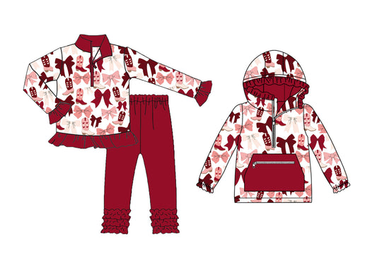 25.9.5 custom each style moq 5eta 4-6week Sibling Sisters bow love boots baby girl long sleeve pants sets and top match family design