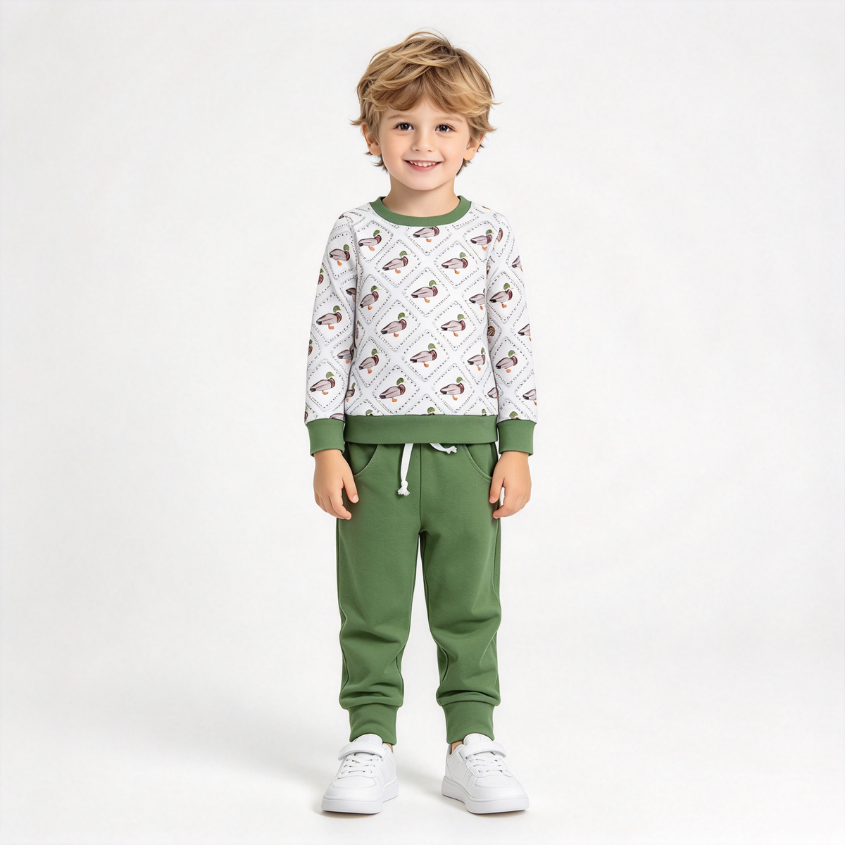 RTS NO MOQ Sibling milk silk Baby Boys Duck Print Long Sleeve Top Green Jogger Pant Set Zipper Romper
