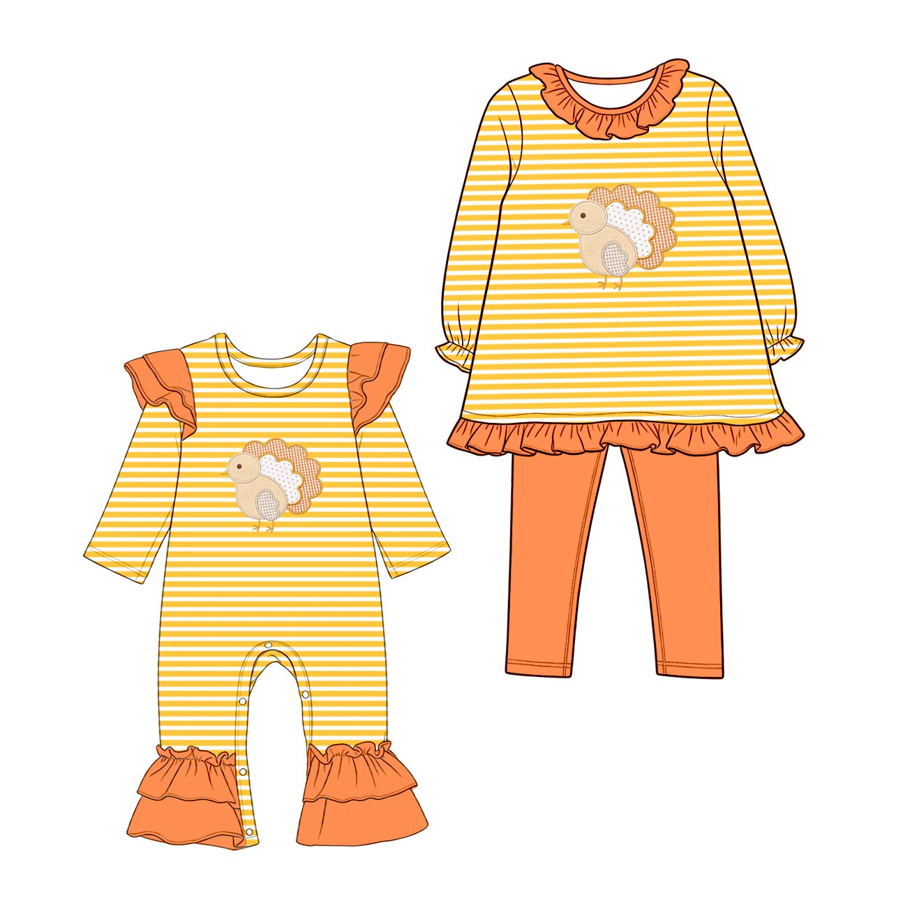 (Preorder new) No moq Embroidery Thanksgiving Baby Girls  Orange Stripe Long Sleeve Tunic Top And Solid Leggings Clothes Sets Rompers