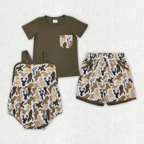 RTS NO MOQ Sibling Baby Boys Camo Shirt Top with Pockets Short Set Strap Rompers Hunting Clothes Deer Print Baby Boy Outfit