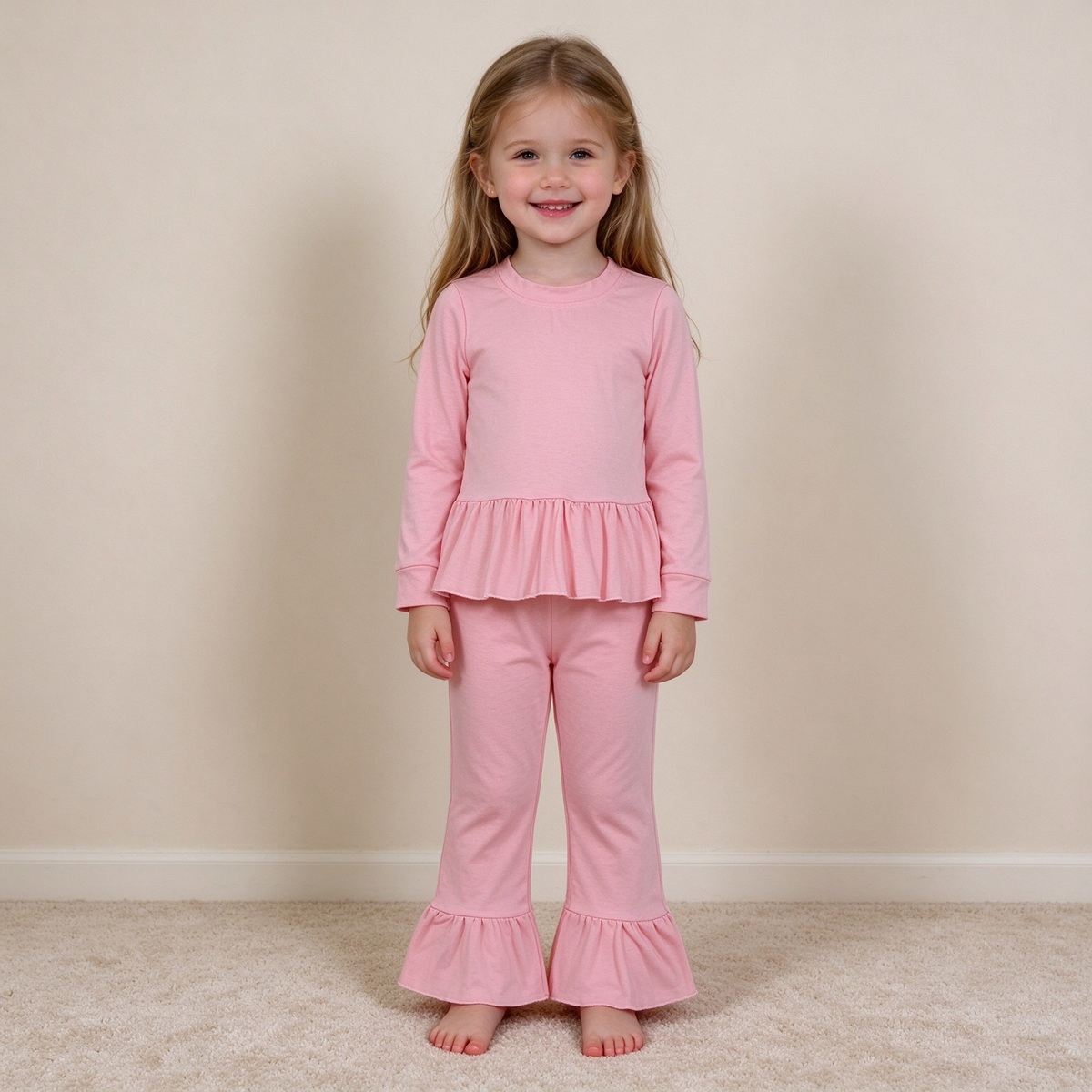 NEW RTS NO MOQ cotton GLP3746 Baby Girls Pink Long Sleeve Tunic Ruffle Pant Set