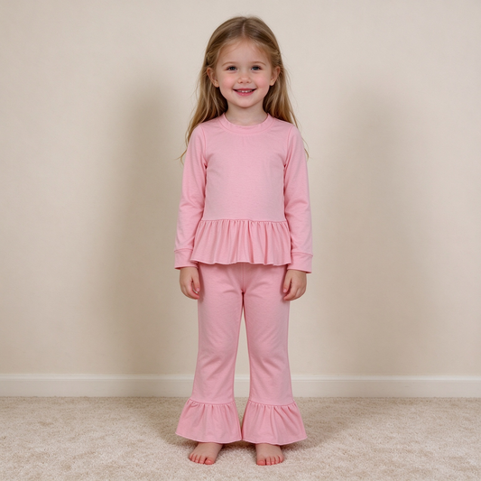 NEW RTS NO MOQ cotton GLP3746 Baby Girls Pink Long Sleeve Tunic Ruffle Pant Clothes Set
