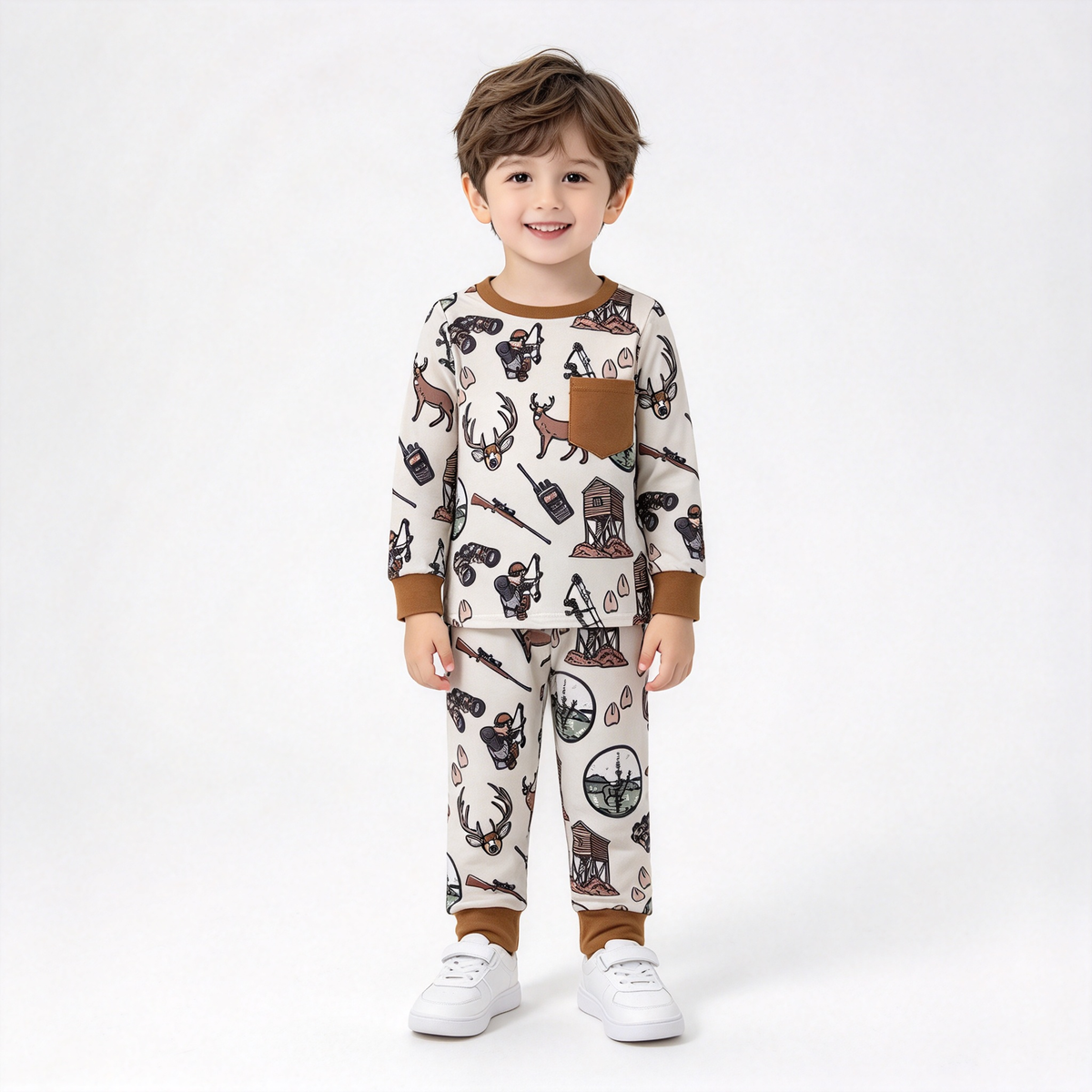 RTS NO MOQ Sibling milk silk Baby Boys Girls Deer Print Long Sleeve Pajama Set