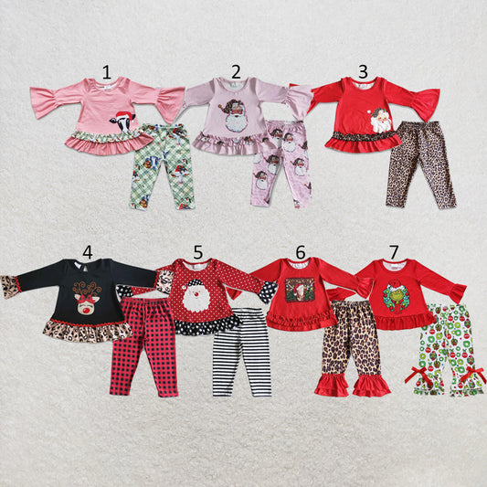 RTS NO MOQ Sibling milk silk Baby Girls Christmas Pink Santa Print Long Sleeve Top And Leggings Set