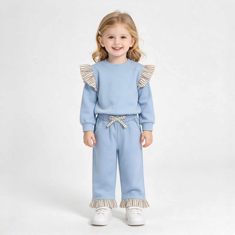 RTS NO MOQ Sibling cotton Baby Girls Solid Top Striped Ruffle Shoulder And Pant Hem Drawstring Pants Set