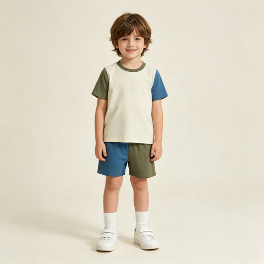 RTS NO MOQ milk silk BSSO1976 Baby Boys Grey Blue Color Block Patchwork Slouchy Pajamas Clothes Sets