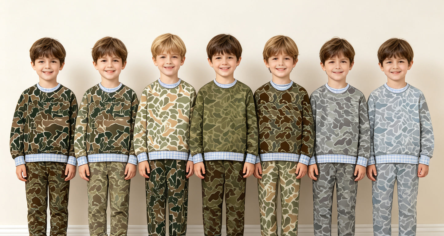 (Preorder new) No moq Baby Girls High Neck Camo Long Sleeve Top Ruffle Hem Flare Pant Set