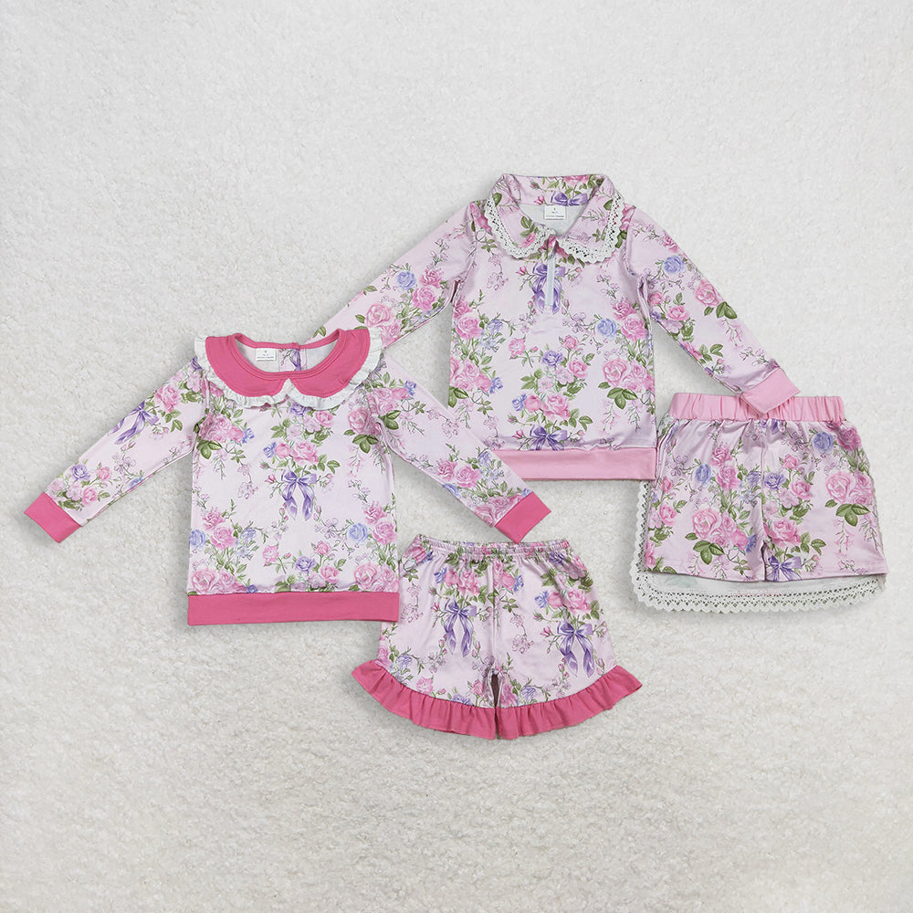 RTS NO MOQ Sibling baby girl clothes floral-sleeved shorts set and skirts sets