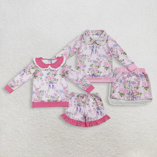 RTS NO MOQ Sibling baby girl clothes floral-sleeved shorts set and skirts sets