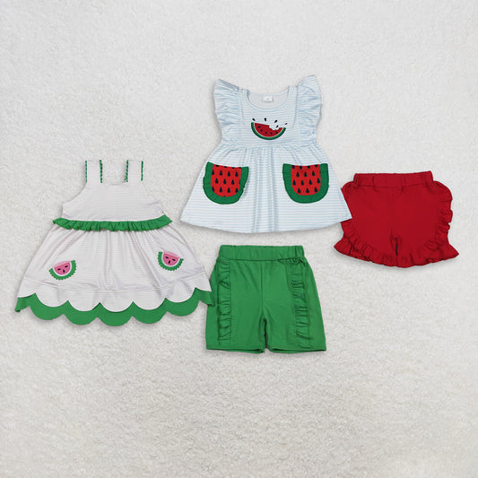 RTS NO MOQ Sibling cotton Baby Girls Watermelon Embroidery Scallop Tunic Ruffle Shorts Set