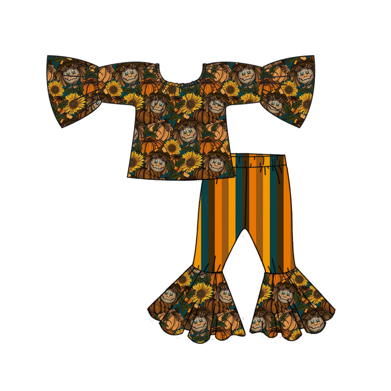 7.1 custom each style moq 5eta 4-6week girls pumpkin long sleeve striped pants baby girls sets