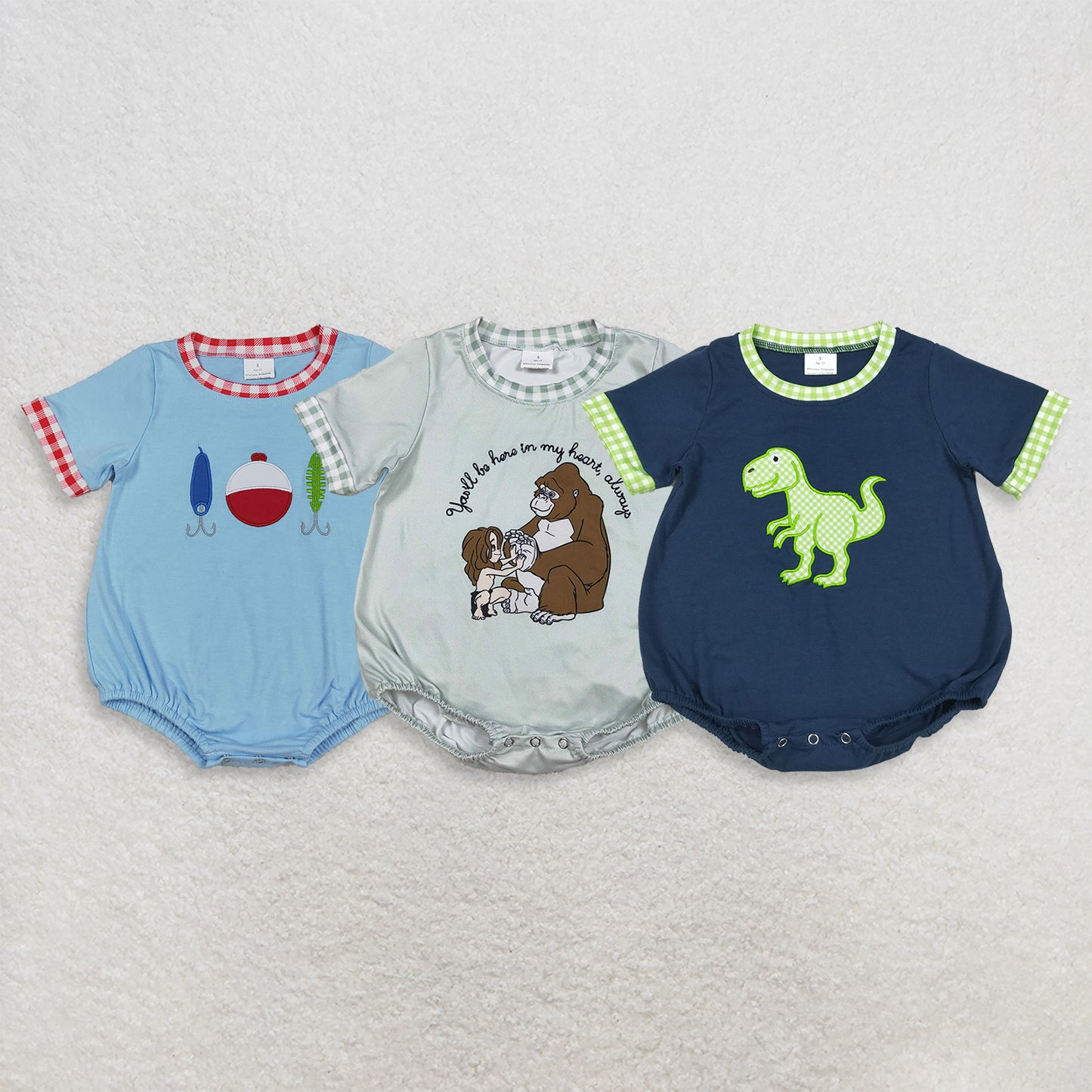 RTS NO MOQ Sibling Baby Boys Embroidery Checked Short Sleeve Casual Summer Rompers