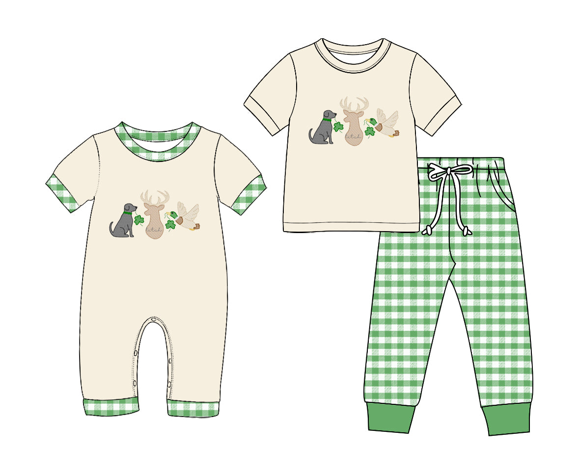 (Preorder new) No moq Baby Boys Clover Embroidery Top Green Gingham Drawstring Pant Outfit Romper
