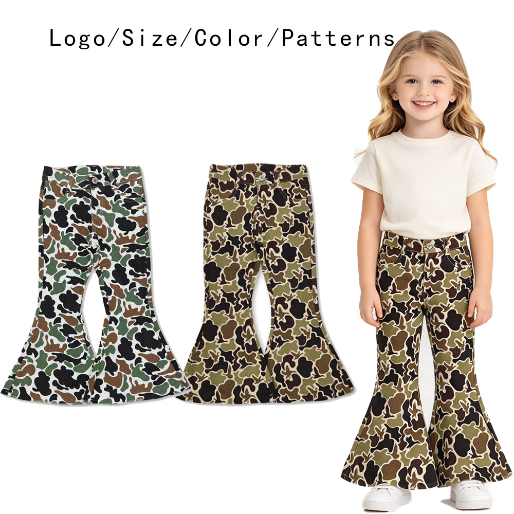 RTS NO MOQ Sibling Denim Baby Kids Camo Print Flare Denim Pants Bell Bottom Camouflage Jeans