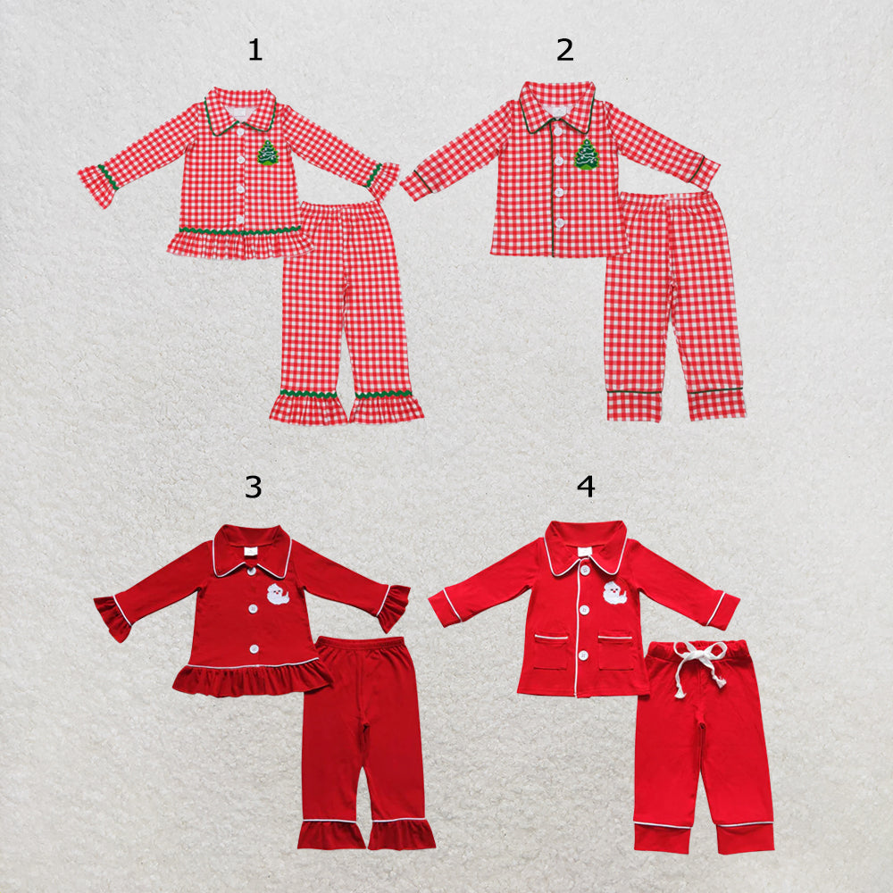 RTS NO MOQ Sibling milk silk Baby Girls And Boys Christmas Tree Button Top And Pants Pajama Set