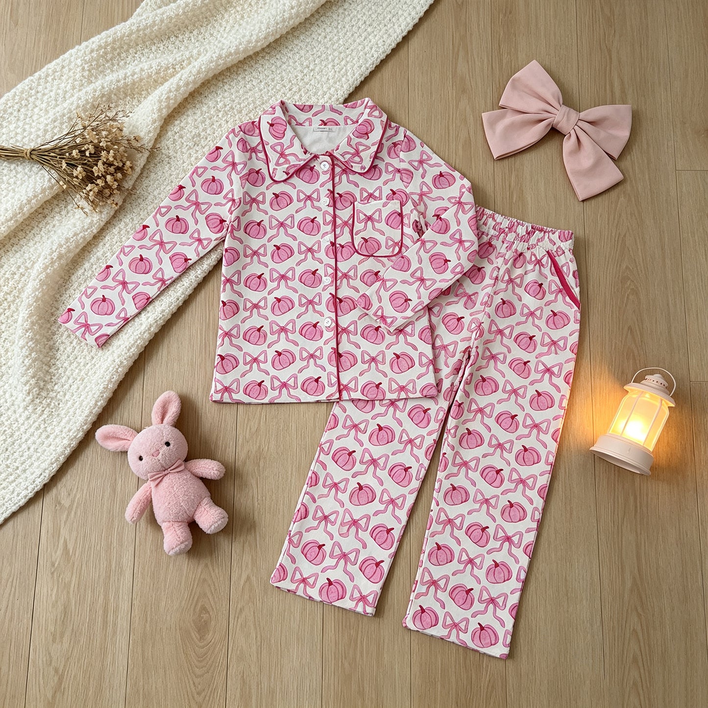 NEW RTS NO MOQ milk silk GLP3423 Adult Women Cute Bow Pumpkin Print Button Front Long Sleeve Top Pocket Pant Fall Pajama Set