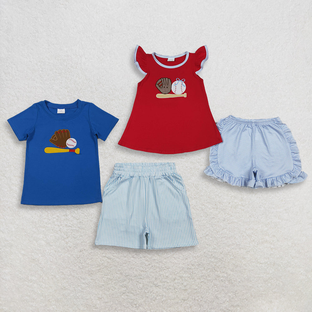 RTS NO MOQ Sibling Baby Boys Girls Embroidery Baseballs Top Pockets And Stripe Shorts Clothing Set
