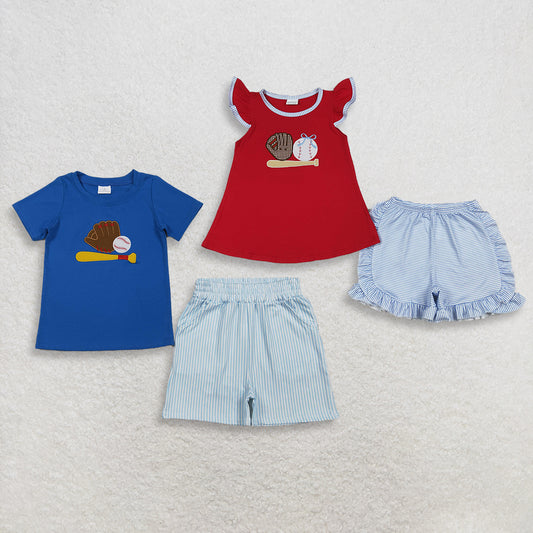 RTS NO MOQ Sibling Baby Boys Girls Embroidery Baseballs Top Pockets And Stripe Shorts Clothing Set