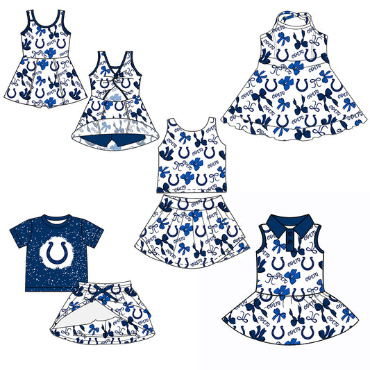 Custom moq 5 mix sizes summer teams baby girls clothes team blue short sleeve skirts shorts sets 1 and skirts sets 2 and and skirts sets 2 and dress 1 and dress 2 and dress 3 and dress 4-25.6.6
