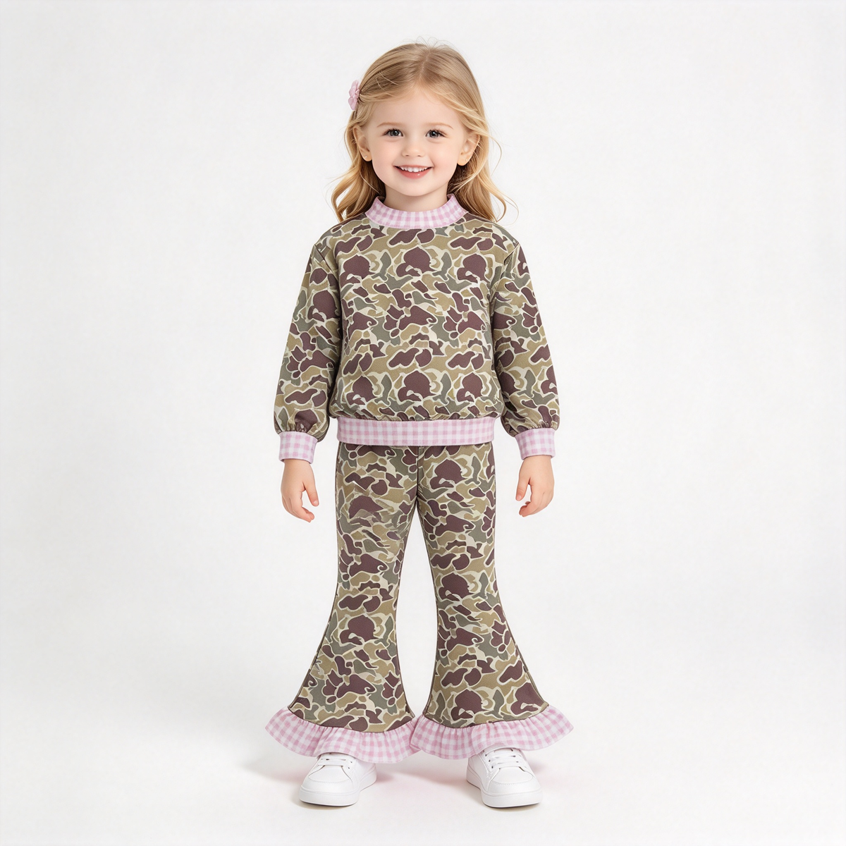 RTS NO MOQ Sibling milk silk Baby Girls Camo Print Long Sleeve Top With Pink Gingham Trim And Ruffle Bell Bottom Pants Set
