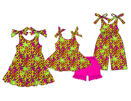 3.21 custom each style moq 5eta 4-6week Sibling Sister leopard baby girl short sleeve shorts sets and dresses and jumpsuit match design