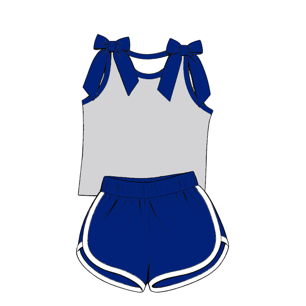 custom moq 5 mix size Baby Girls White Blue Bow Sleeveless Top Shorts Summer Outfit Sets