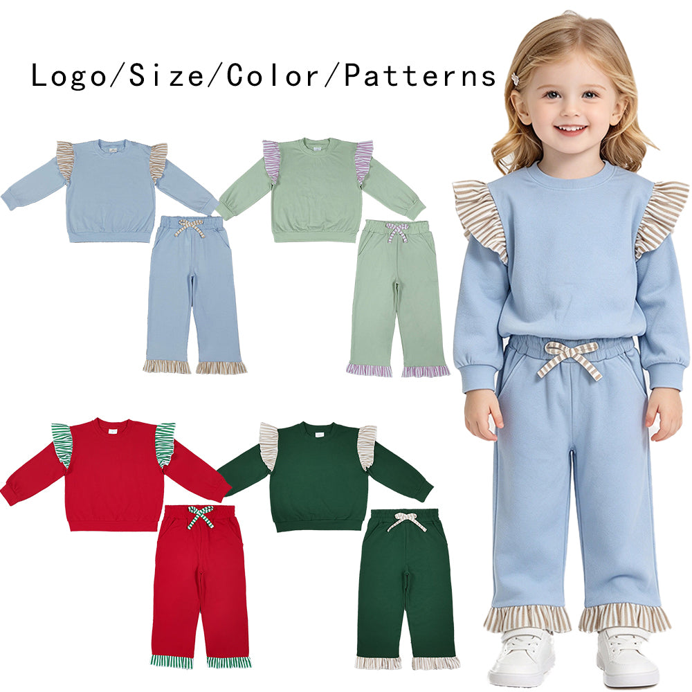 RTS NO MOQ Sibling cotton Baby Girls Solid Top Striped Ruffle Shoulder And Pant Hem Drawstring Pants Set