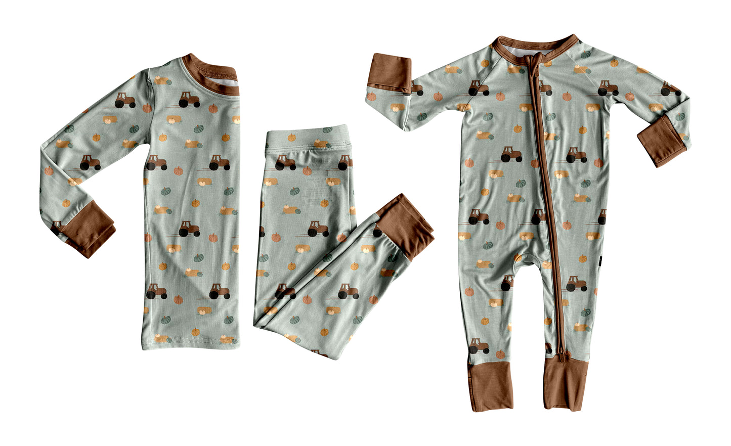 (Preorder new) No moq Baby Boys Fall Pumpkin Truck Print Long Sleeve Top Pants Pajama Set Romper