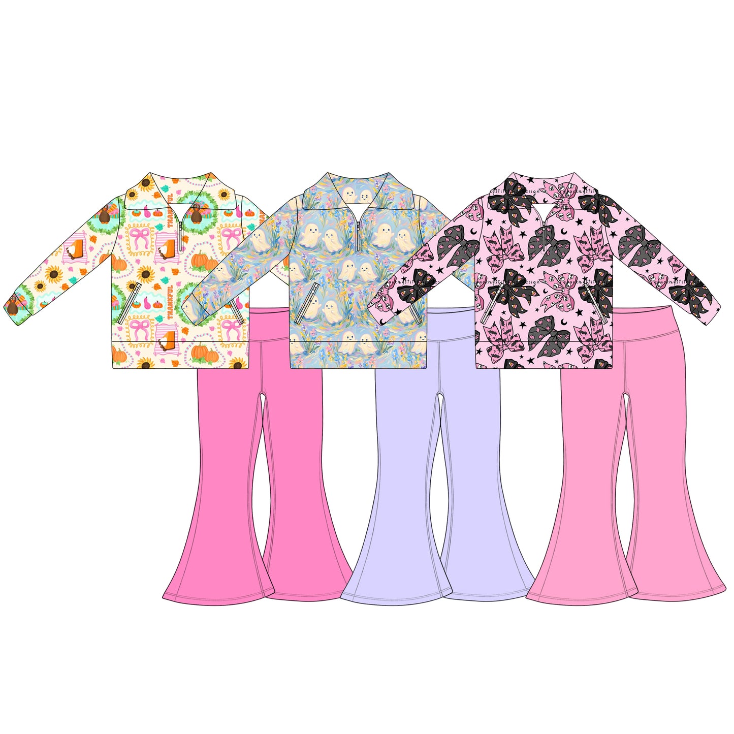 (Preorder new) No moq Baby Girls Halloween Ghost Print Zip Pocket Pullover Flare Pants Two Piece Fall Outfit Set