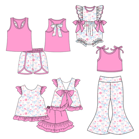 5.5 custom each style moq 5eta 4-6week Sibling Sisters floral bow baby girl short sleeve shorts sets 1 and sets 2 and pants sets and rompers match family design