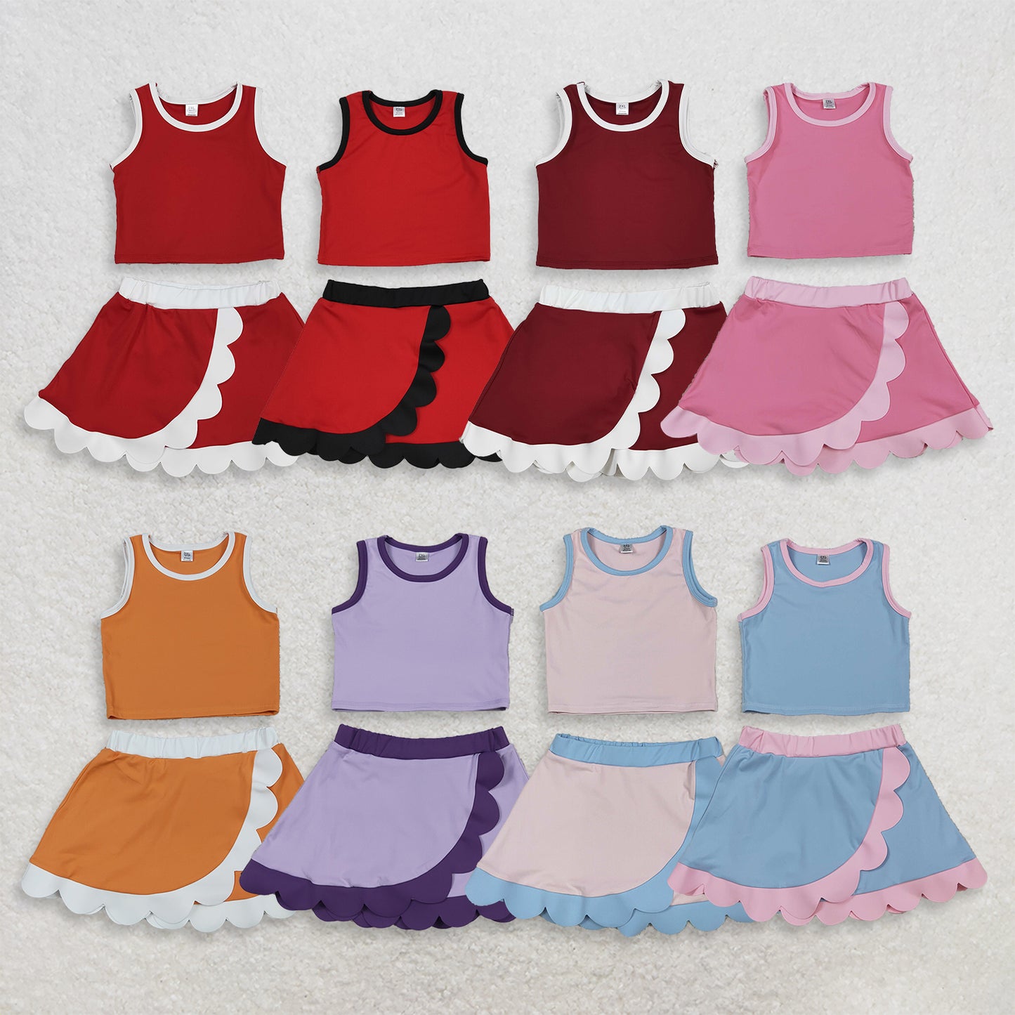 RTS NO MOQ Sibling yoga fabric cotton Baby Girls Solid Color Summer Sleeveless Top Scallop Skirt Short Casual Sports Outfit Set