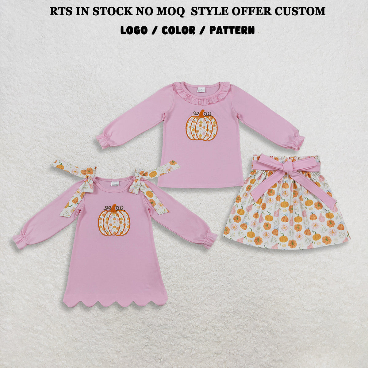 RTS NO MOQ Sibling milk silk Embroidery Pumpkins Baby Girls Collar Tunic Bows Skirt Fall Clothes Sets Dresses