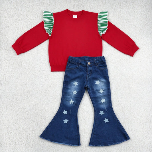NEW RTS NO MOQ Denim GT1844+ P0127 Baby Girls Green White Striped Ruffle Shoulder Long Sleeve Red Top Star Print Frayed Hem Bell Bottom Flare Jeans Outfit