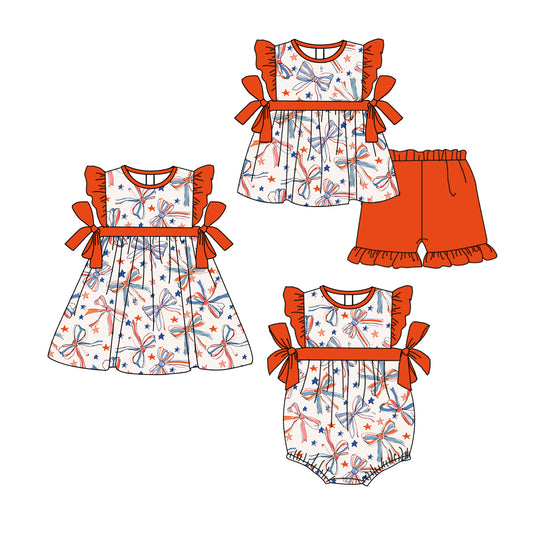 3.26 custom each style moq 5eta 4-6week Sibling Sisters bow baby girl short sleeve shorts sets and dress and rompers match family design