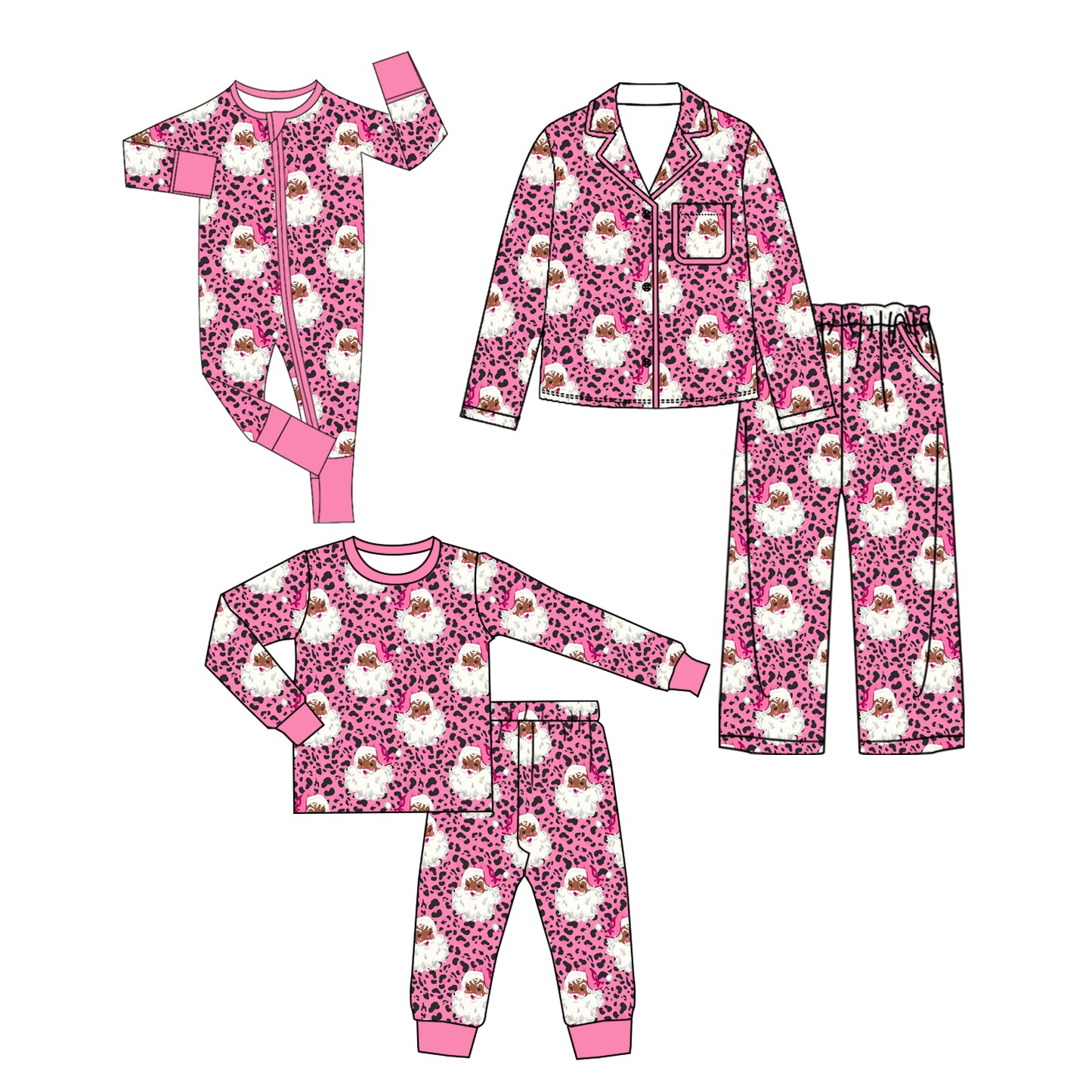 (Preorder new) No moq Kids And Adult Pink Leopard Santa Button Pocket Long Sleeve Top Pants Sets Rompers