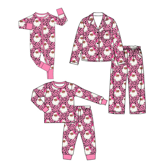 (Preorder new) No moq Kids And Adult Pink Leopard Santa Button Pocket Long Sleeve Top Pants Sets Rompers