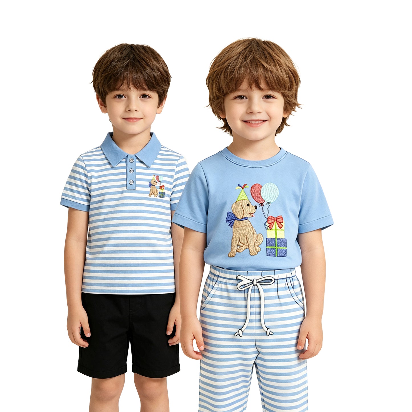 (Preorder new) No moq Baby Boys Birthday Dog Short Sleeve Top Blue White Stripe Drawstring Jogger Pant Set Short Sleeve Polo Tee