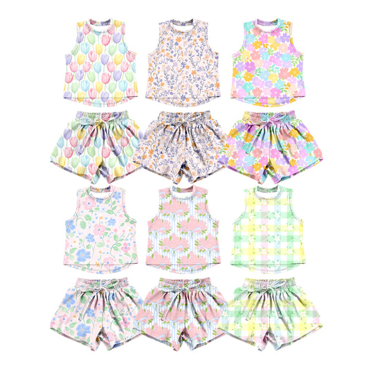 3.7 Custom moq 5 mix size Sibling Baby Girls Floral  Vests Top Short Clothes Set
