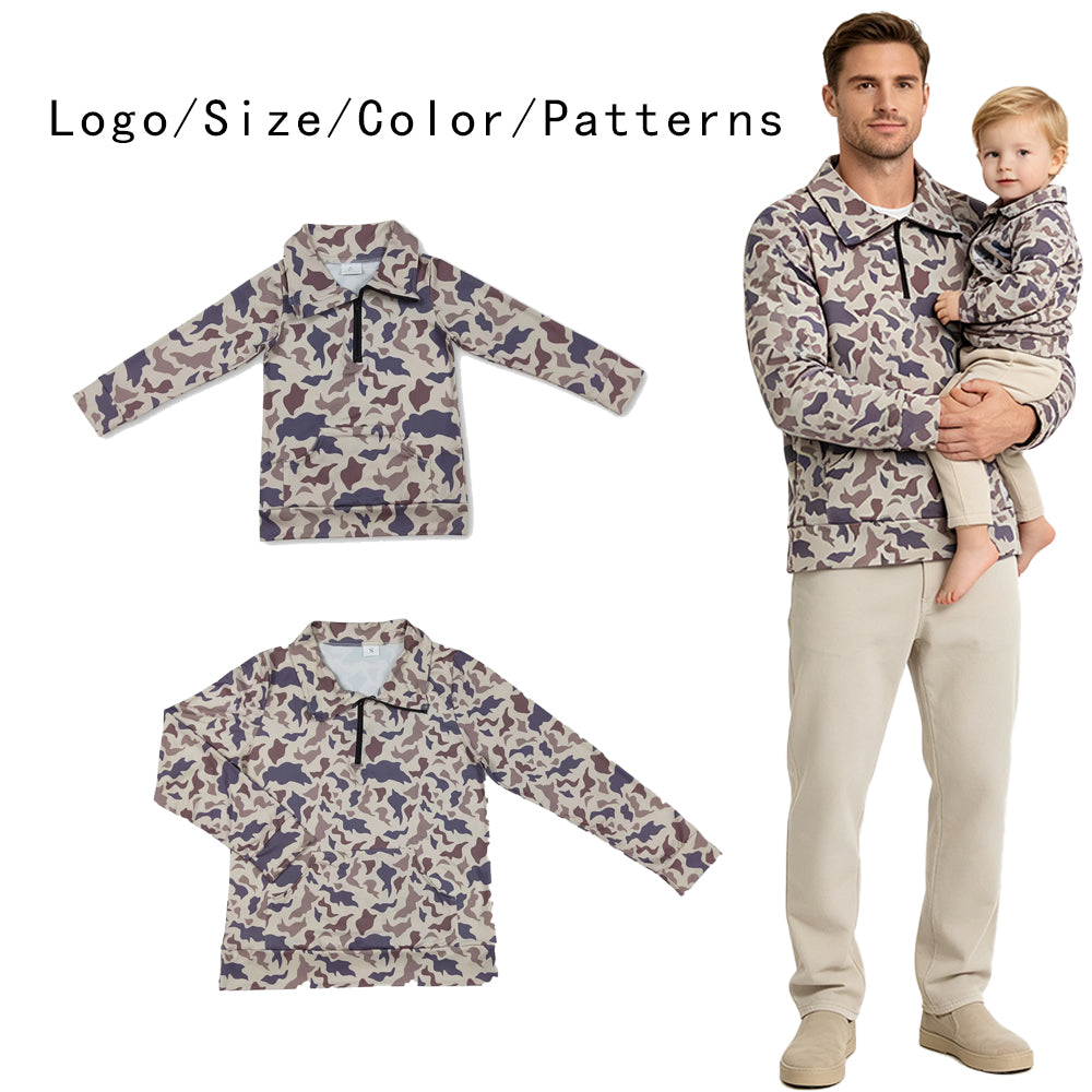 RTS NO MOQ Sibling milk silk Adult To Match Kids Grey Khaki Camo Quarter Zip Long Sleeve Pullover