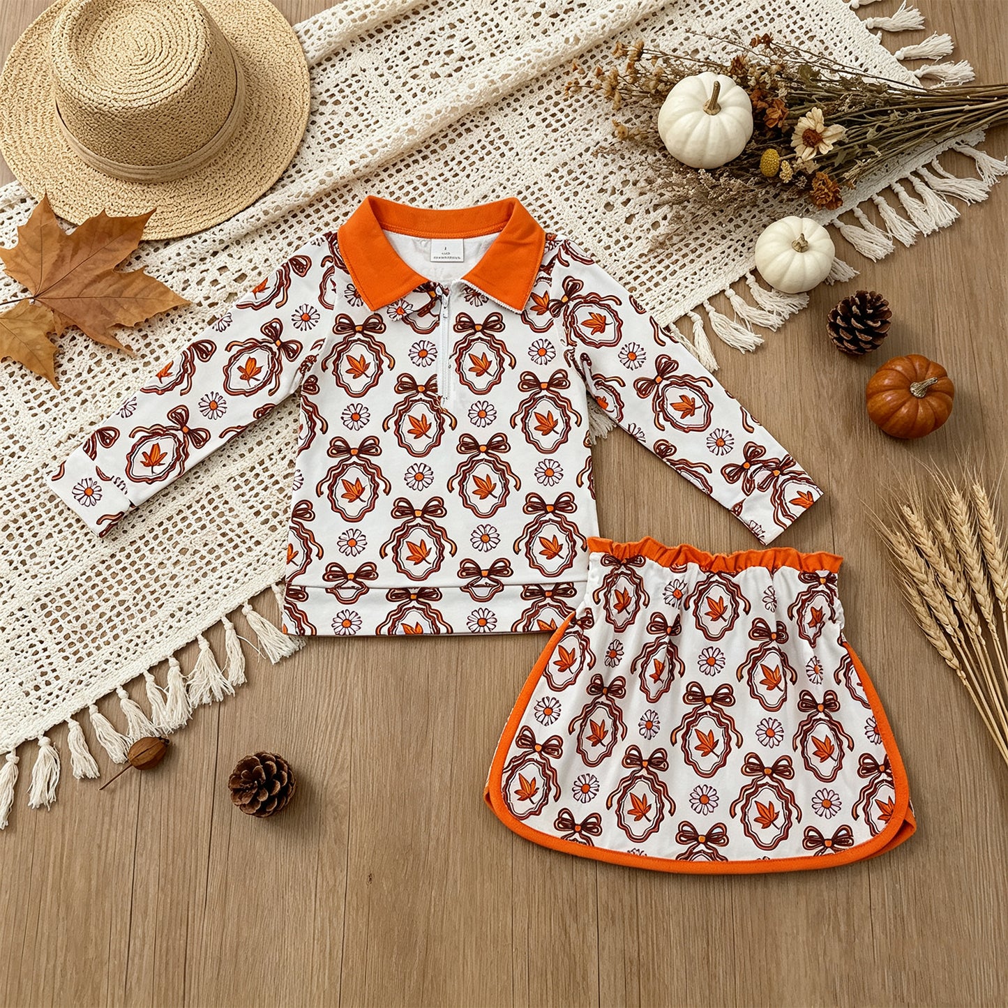 NEW RTS NO MOQ milk silk GLD1602 Baby Girls Long Sleeve Bow Leaf Print Zip Pullover Top Skirt Outfit