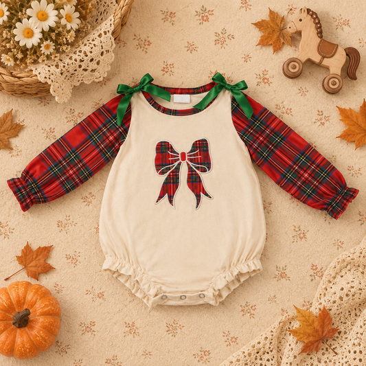 NEW RTS NO MOQ milk silk LR3163 Embroidery Checked Bows Baby Girls Red Green Christmas Ruffle Long Sleeve Rompers