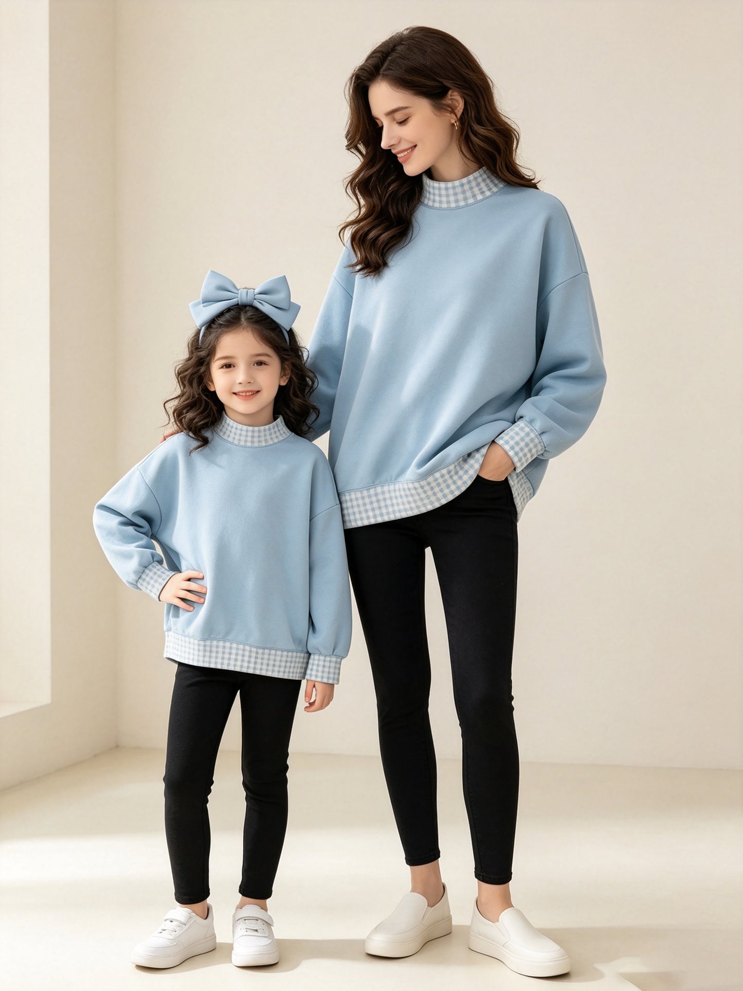 (Preorder new) No moq Kids And Adult Light Blue Long Sleeve Crew Neck Casual Top