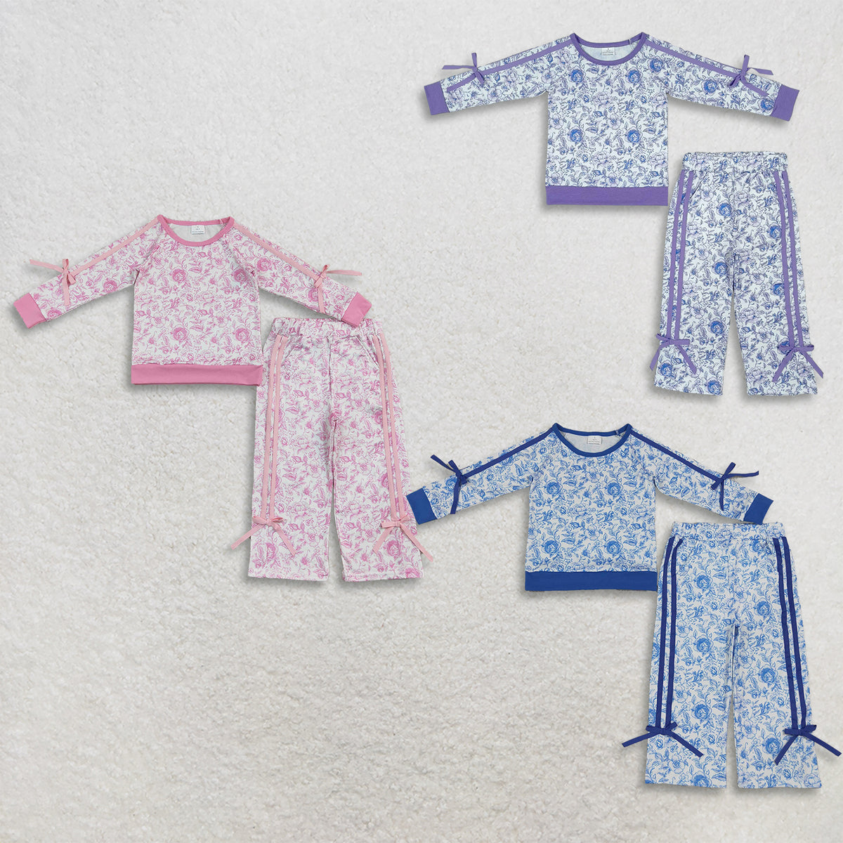 RTS NO MOQ Sibling milk silk Baby Girls Floral Print Bow Sleeve Top Side Bow Stripe Pant Matching Set
