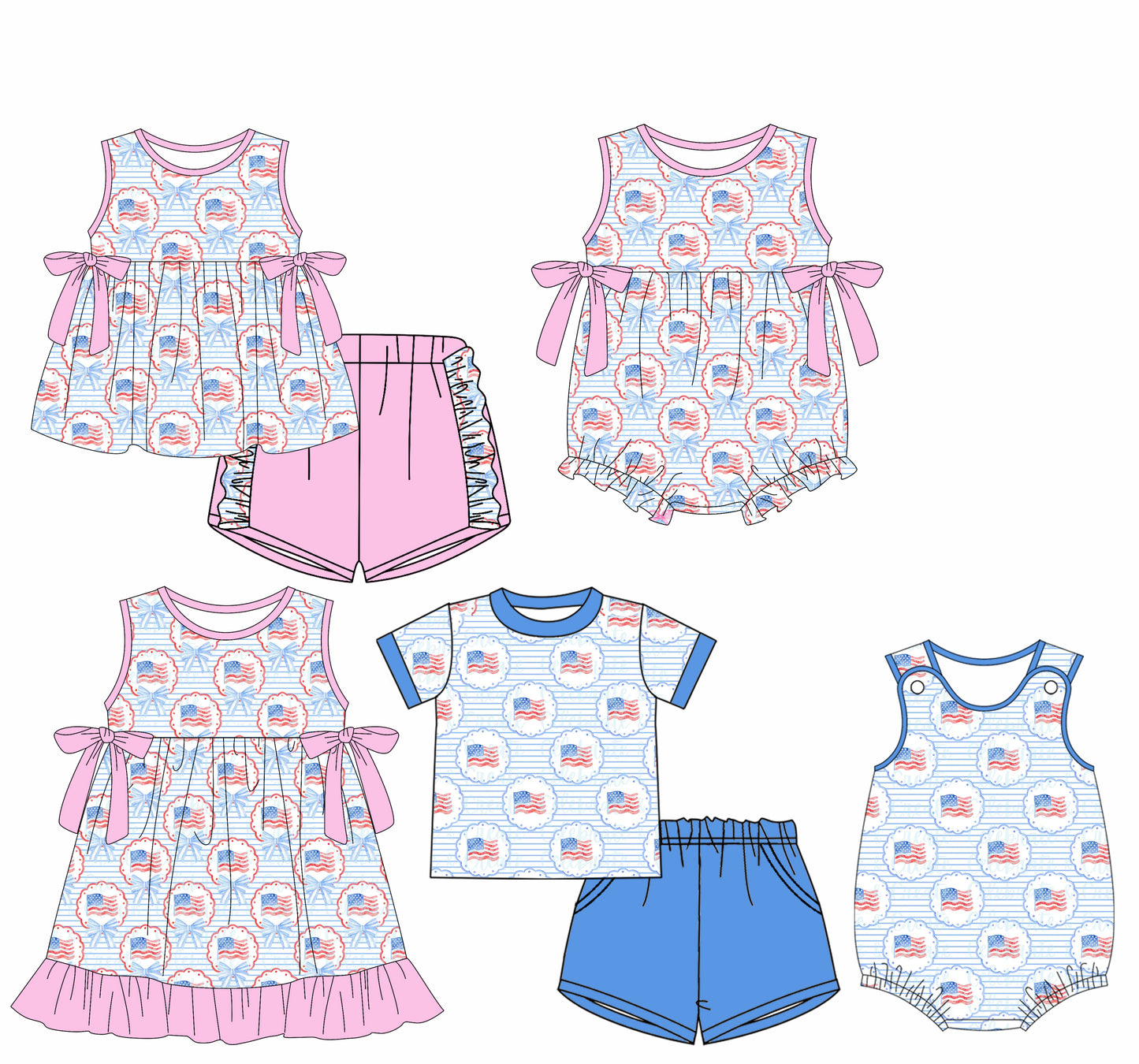 25.12.16 custom each style moq 5 eta 6-8week Sibling Sister flag bow baby short sleeve shorts sets 2 and dress and romper 2 match design
