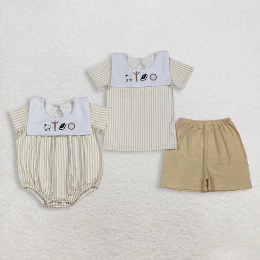 RTS NO MOQ Sibling Baby Boys Yellow Stripe Embroidery Cross Top Short Clothes Set Rompers for Infants