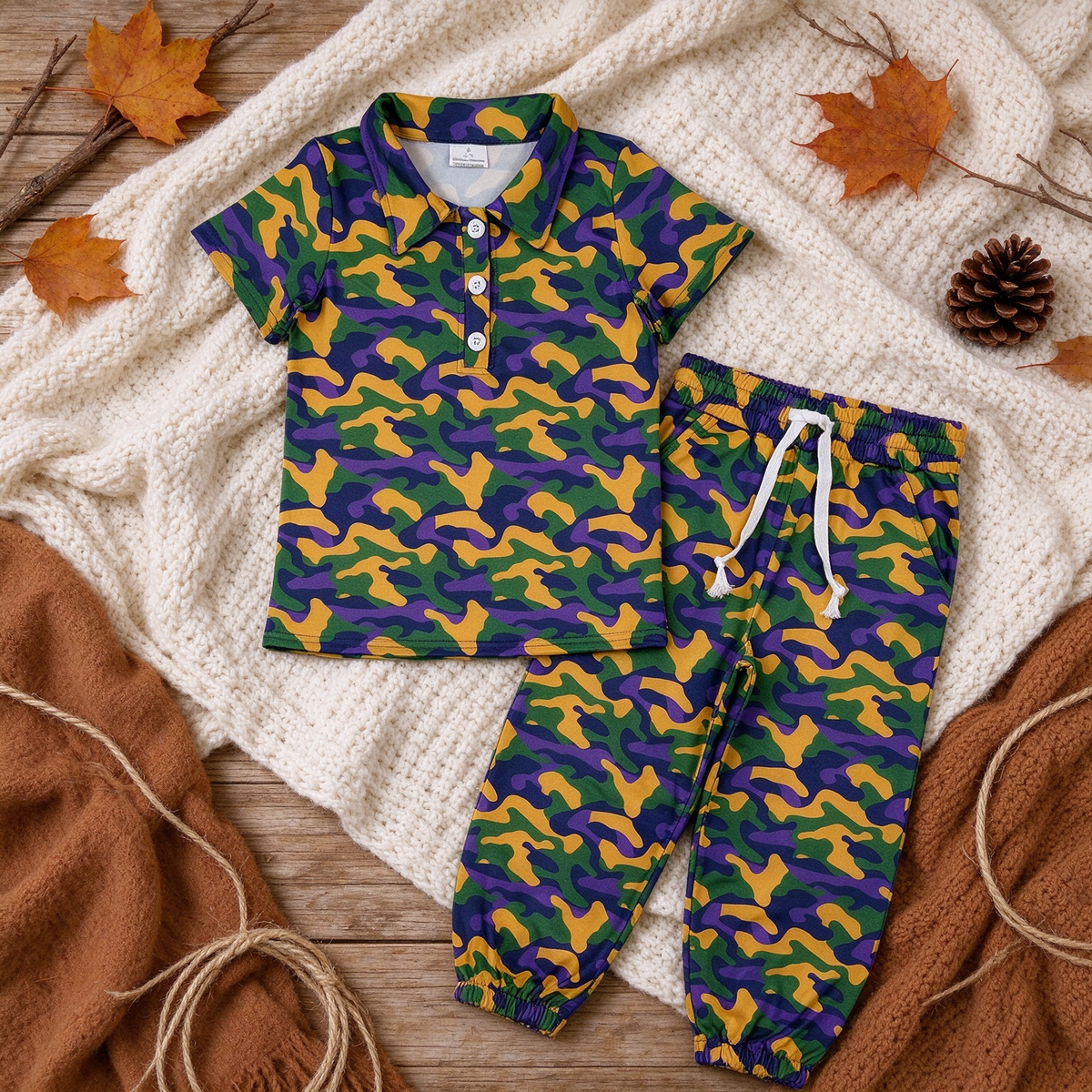 NEW RTS NO MOQ milk silk BSPO0721（BT1958+P1248）Baby Boys Camo Short Sleeve Button Polo Shirts Top Pockets Joggers Set