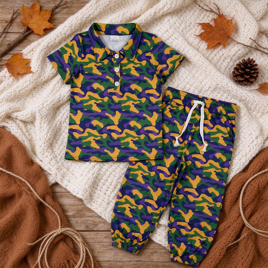 NEW RTS NO MOQ milk silk BSPO0721（BT1958+P1248）Baby Boys Camo Short Sleeve Button Polo Shirts Top Pockets Joggers Set