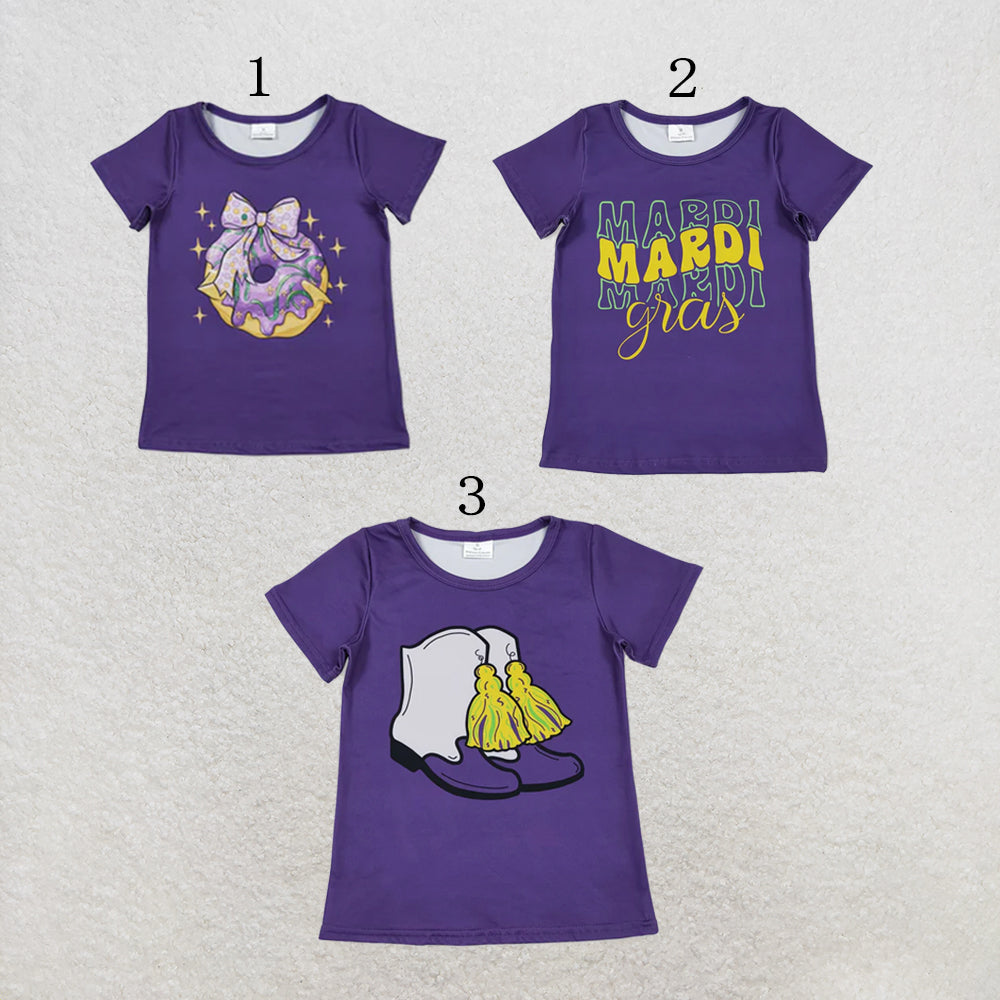 RTS NO MOQ Milk Silk Sibling Baby Girls Purple Short Sleeve Bow Donuts Boots Tassel Mardigras T-shirts Tops