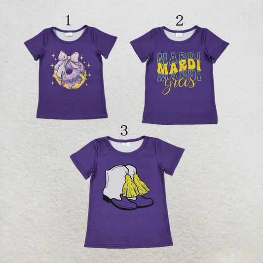 RTS NO MOQ Milk Silk Sibling Baby Girls Purple Short Sleeve Bow Donuts Boots Tassel Mardigras T-shirts Tops